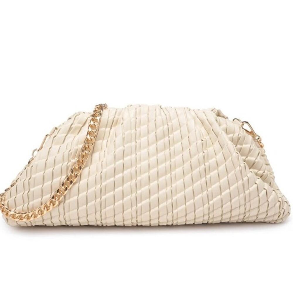 Veronica Woven Clutch Oatmilk Vegan Leather Gold Hardware Chain Strap